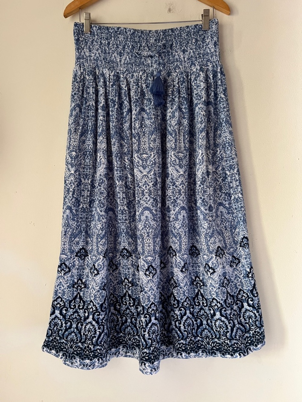 J. Jill Indigo Paisley Border-Print Boho Midi Skirt Sz Small Smocked Waistband